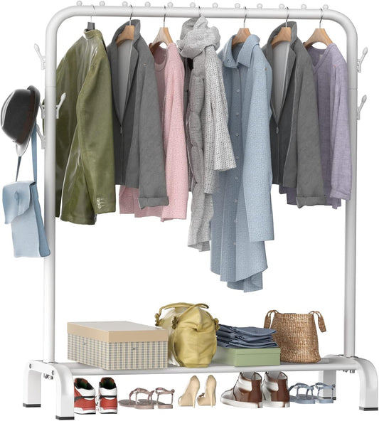 LOEFME heavy duty clothes rail showcasing various garments and accessories for organised storage
