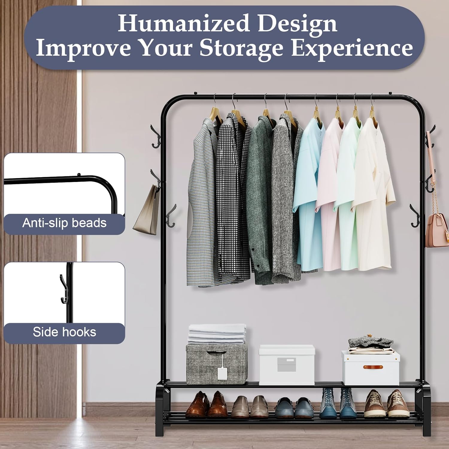 LOEFME heavy duty clothes rail for bedroom displaying various garments and storage boxes beneath