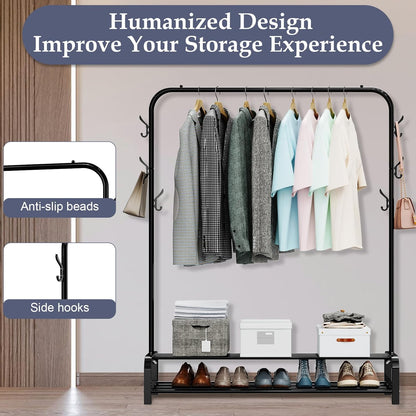 LOEFME heavy duty clothes rail for bedroom displaying various garments and storage boxes beneath