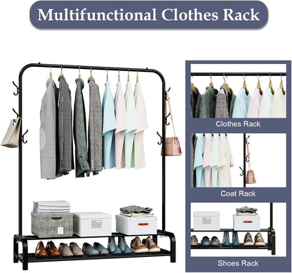 LOEFME heavy duty clothes rail for bedroom with multiple hooks and storage for coats and shoes