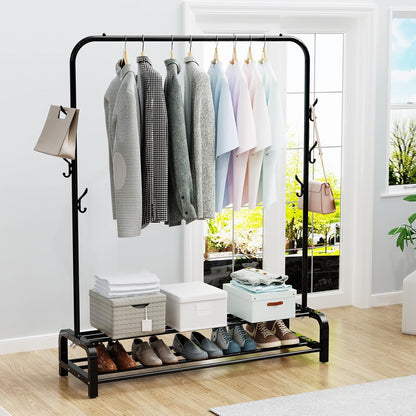 LOEFME heavy duty clothes rail for bedroom displaying stylish outfits and organised storage underneath