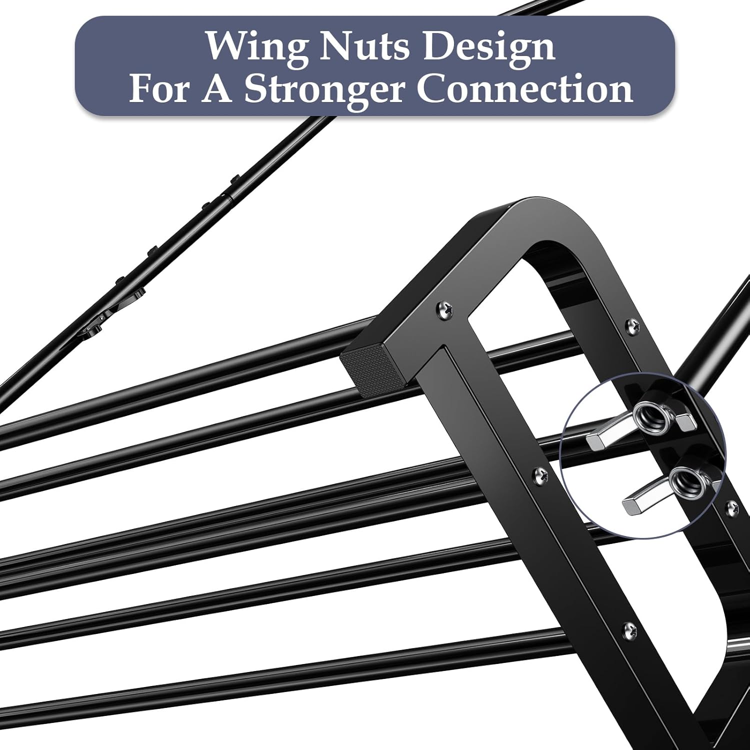 Close-up of LOEFME heavy duty clothes rail for bedroom featuring wing nuts design for a stronger connection