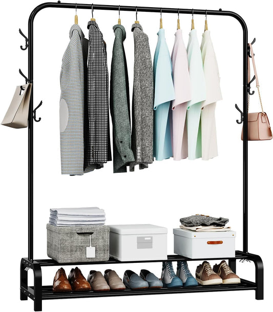 LOEFME heavy duty clothes rail for bedroom with hooks and shelves for organised storage