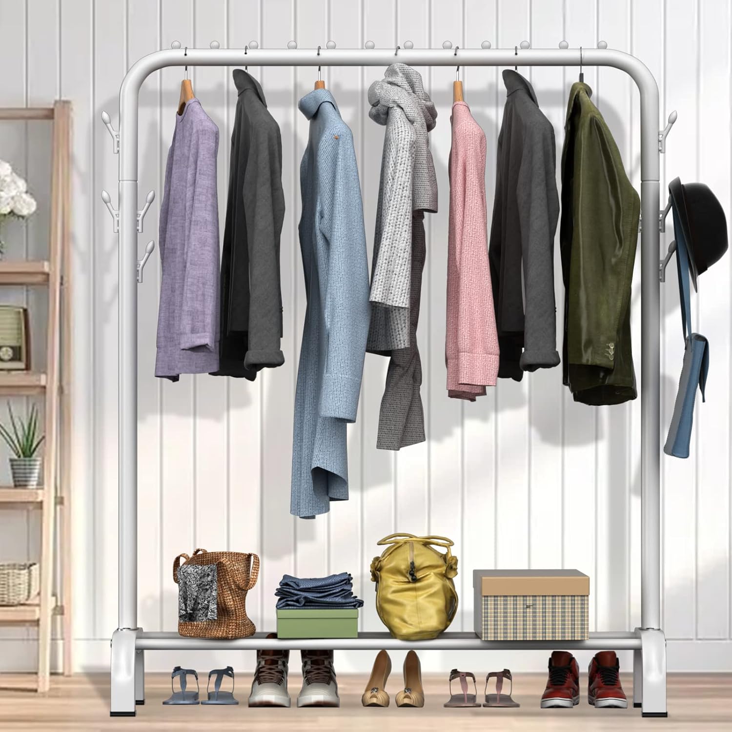 LOEFME heavy duty clothes rail with multiple garments and storage space below for shoes and bags