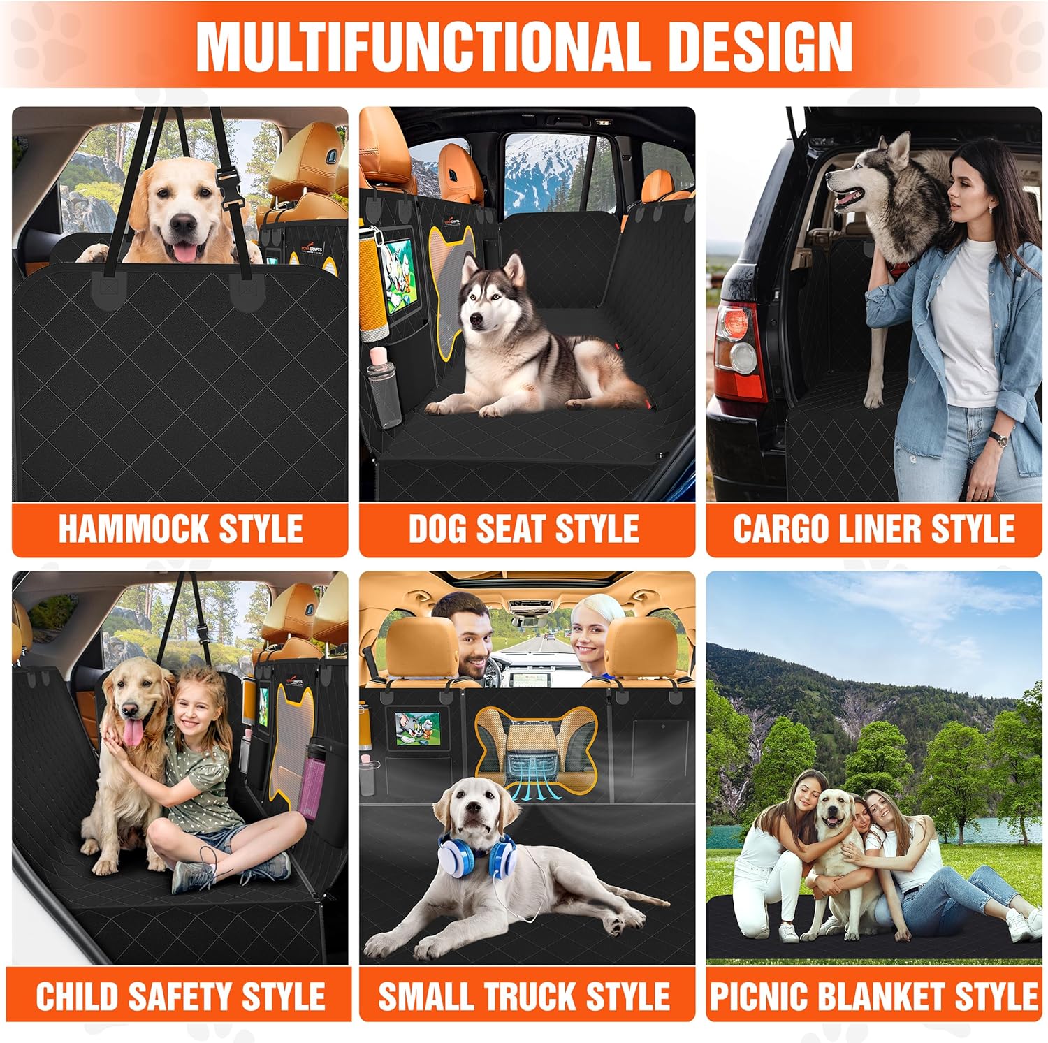 Loya Crafts heavy duty dog car seat cover displayed in multiple styles for versatile pet travel options