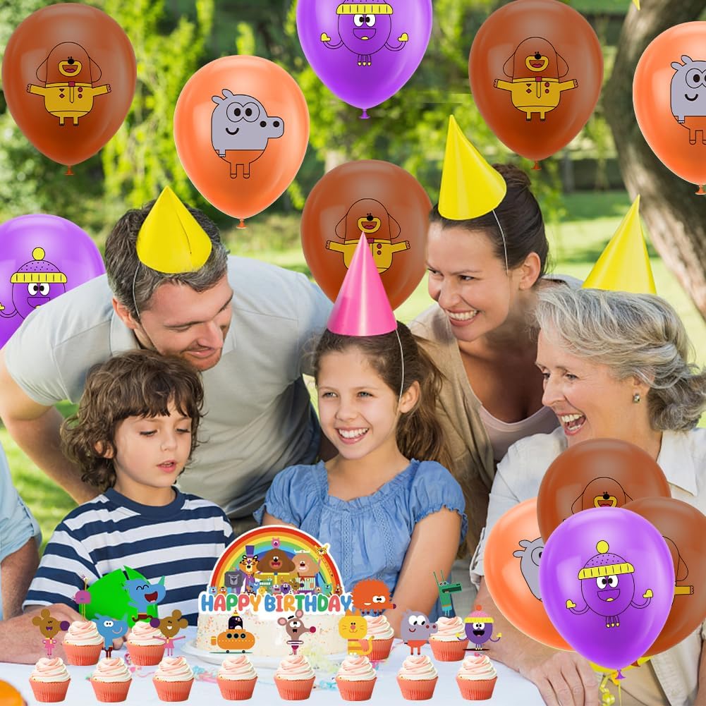 Hey Duggee birthday party decorations with colourful balloons and a festive cake for a joyful celebration