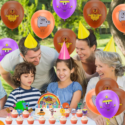 Hey Duggee birthday party decorations with colourful balloons and a festive cake for a joyful celebration