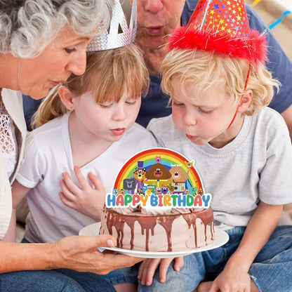 Hey Duggee birthday party decorations with a chocolate cake and family celebration
