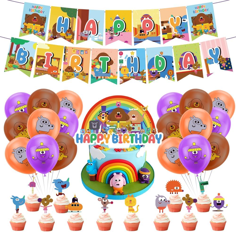 Hey Duggee birthday party decorations featuring colourful balloons and a vibrant cake display
