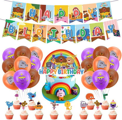 Hey Duggee birthday party decorations featuring colourful balloons and a vibrant cake display