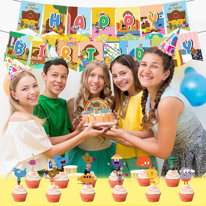 Hey Duggee birthday party decorations with cheerful children celebrating and a decorated cake with cupcakes