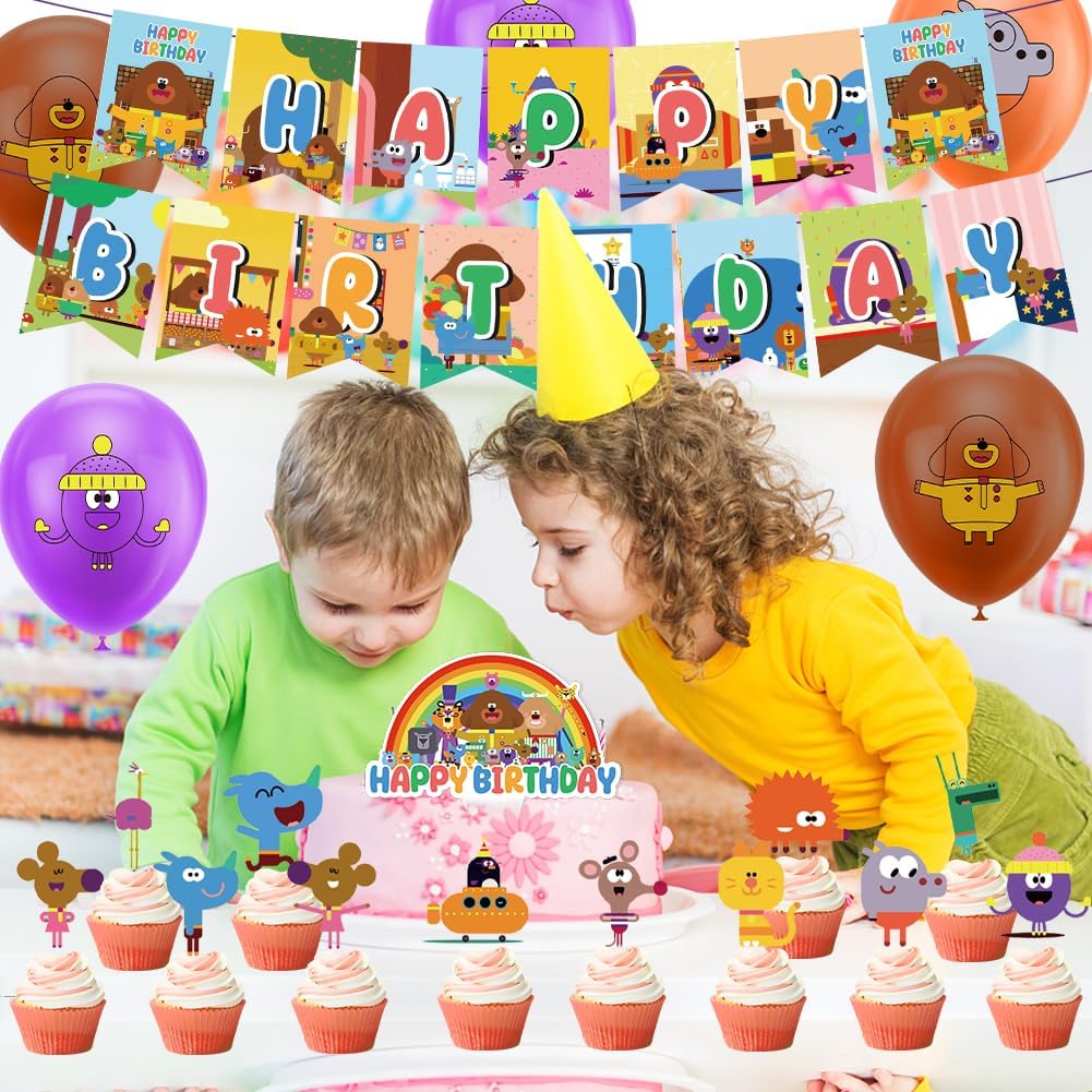 Hey Duggee birthday party decorations with colourful banners, balloons, and cupcakes for a fun celebration