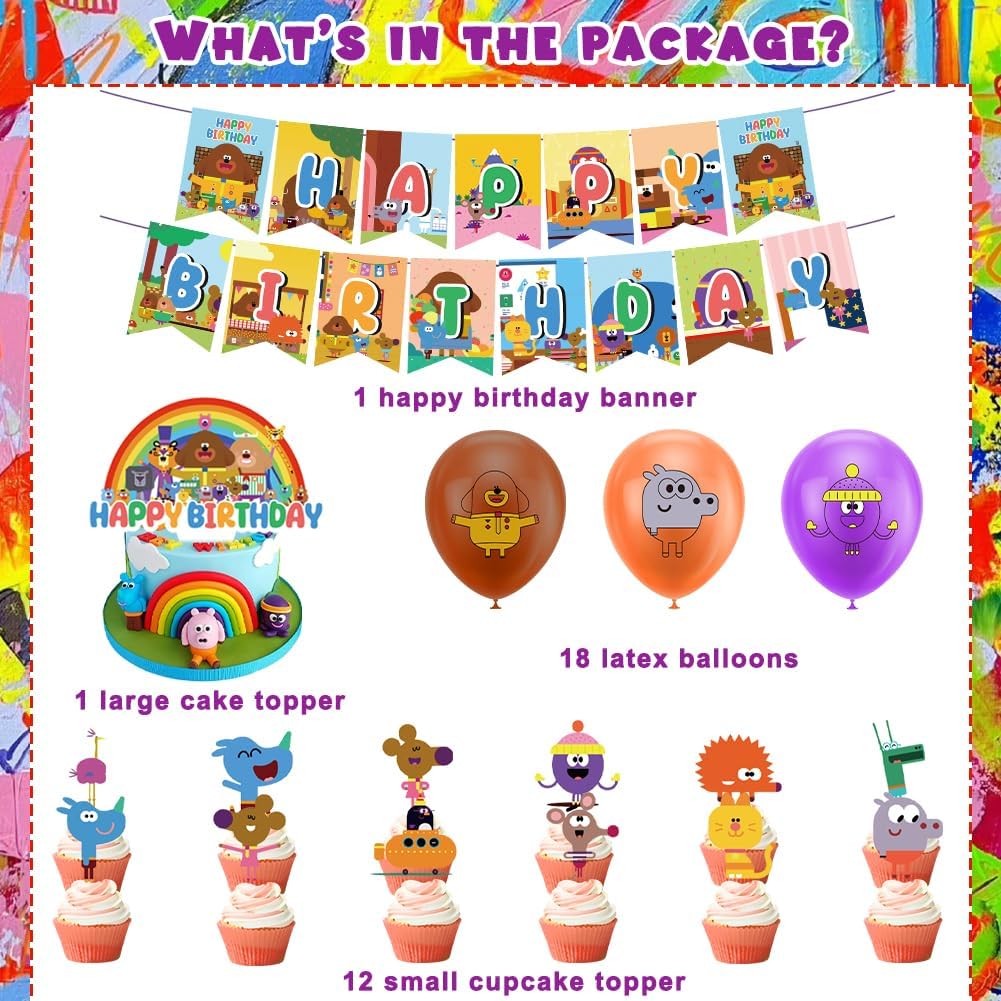 Hey Duggee birthday party decorations package including banners, balloons, cake toppers, and more