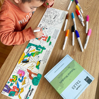 Child colouring in the HeyDoodle Tales Natural Wonders activity book with colourful markers on a wooden table