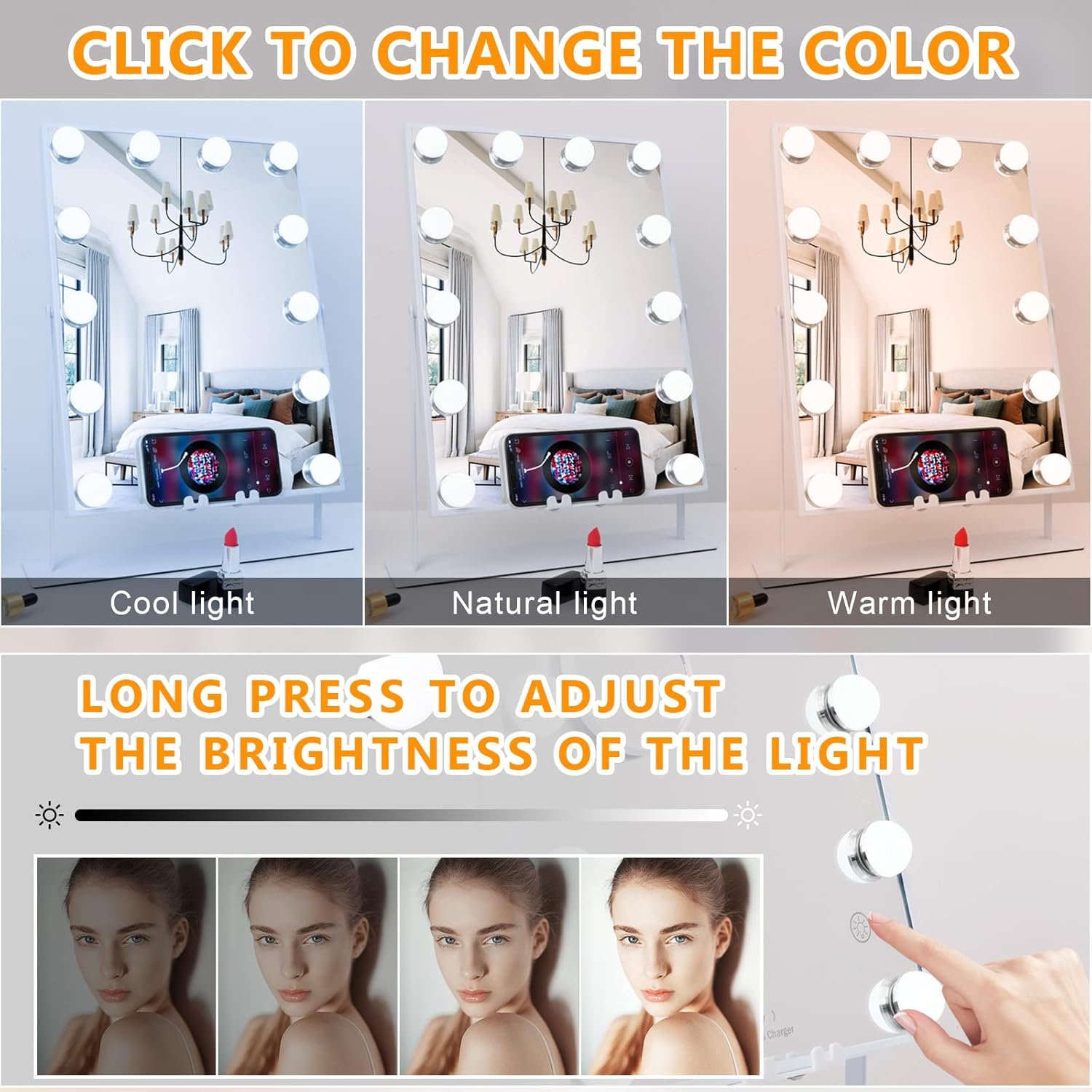 Hollywood vanity mirror with wireless charging showcasing adjustable light colours and brightness settings