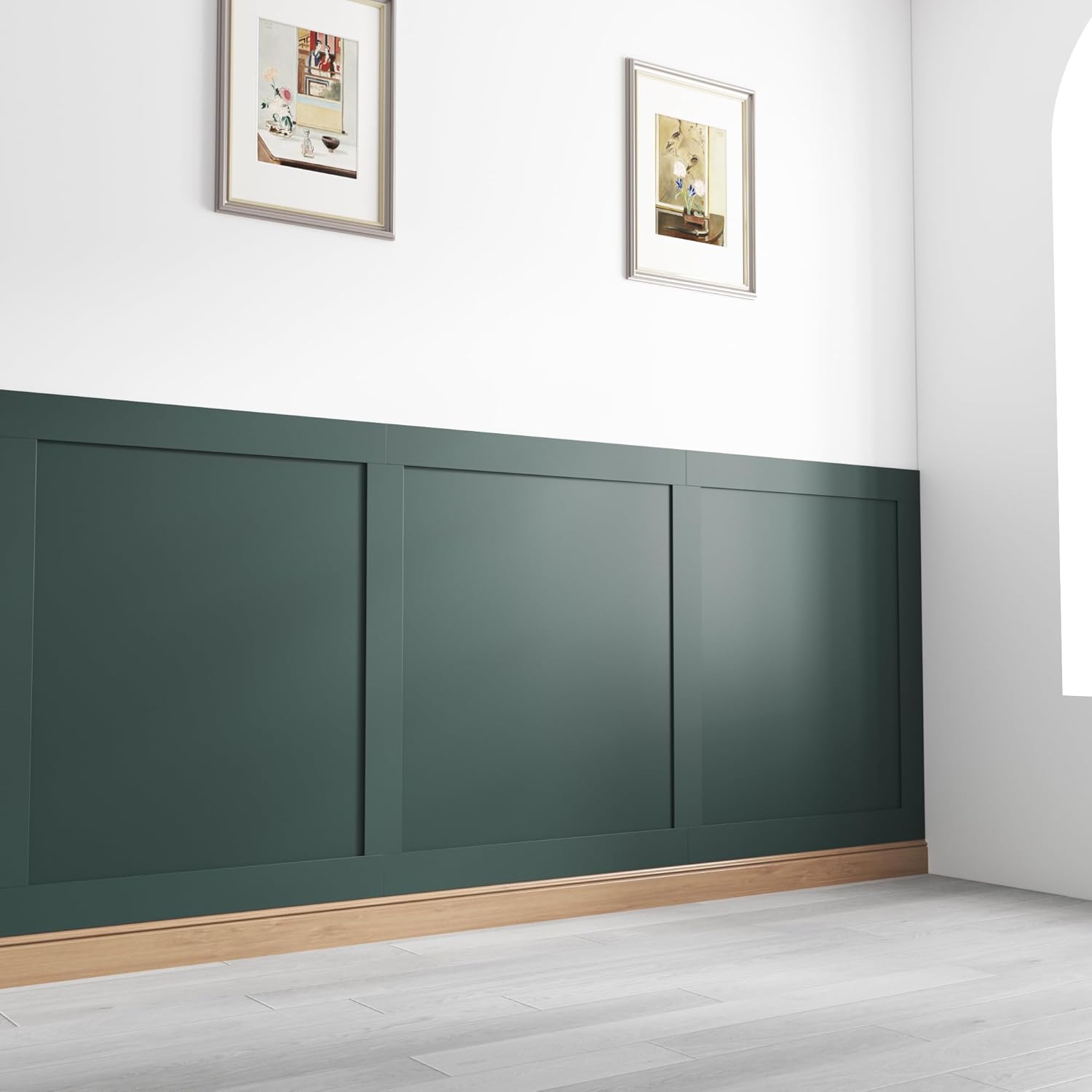 Shaker style wall panelling kit in deep green, enhancing modern interior decor with framed artwork