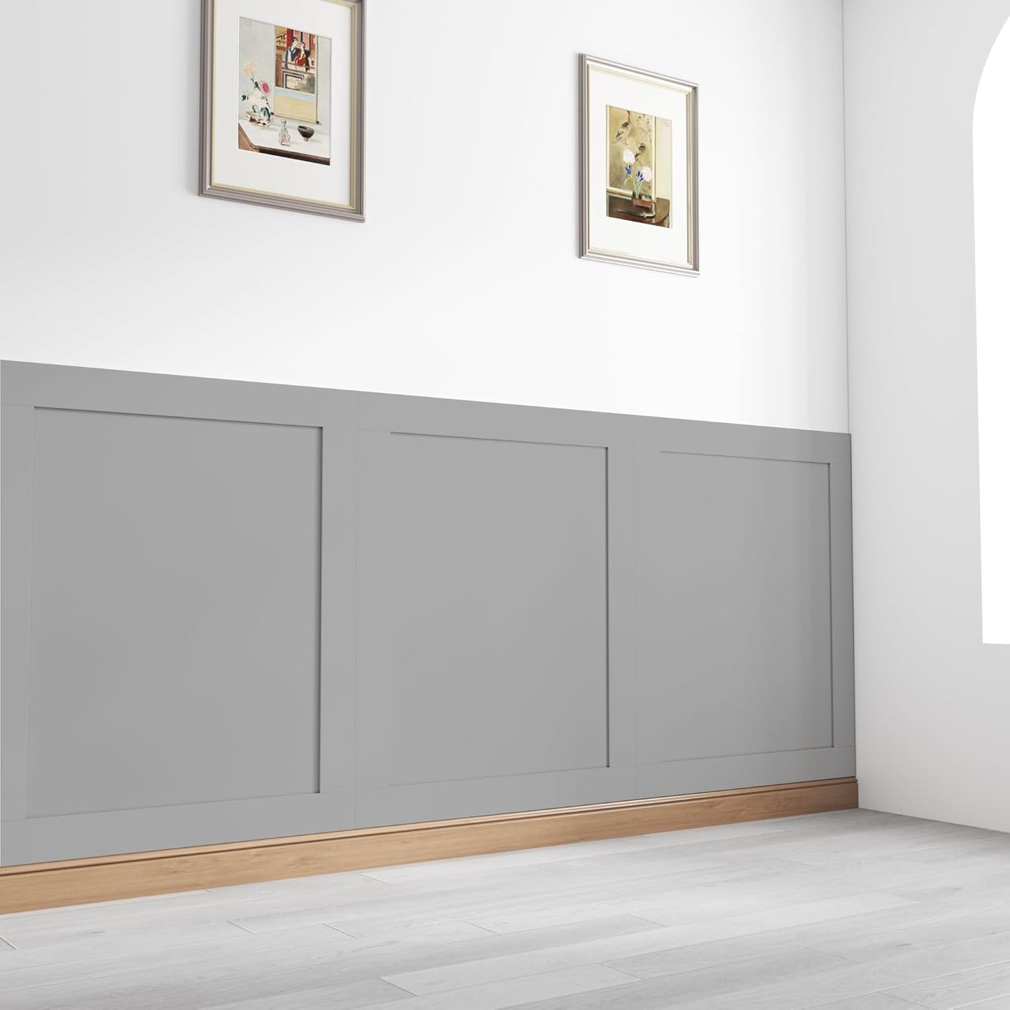 Shaker style wall panelling kit in grey with a natural wood trim for elegant home decor