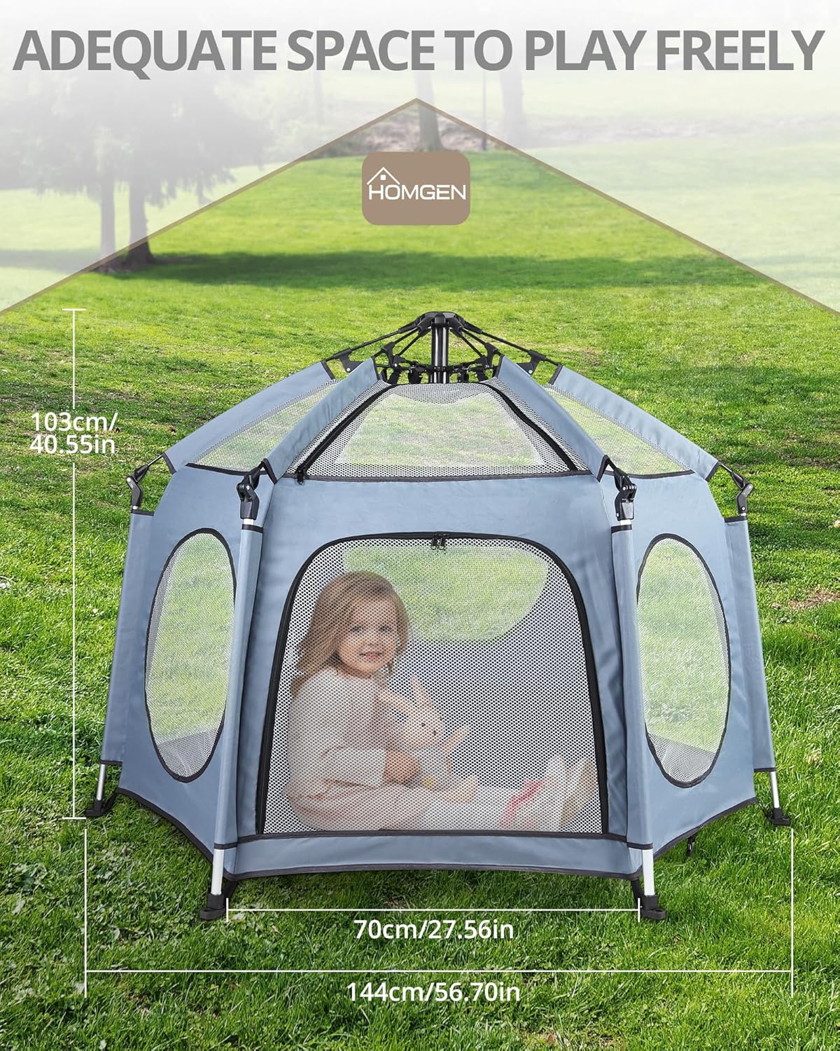Homgen foldable outdoor playpen for babies, offering ample space and visibility for safe play