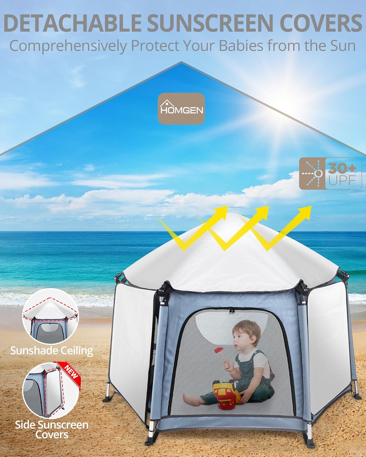 Homgen foldable outdoor playpen with detachable sunshade covers for baby protection at the beach