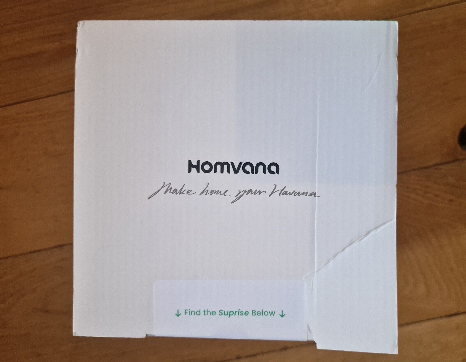 Homvana packaging for 3 in 1 humidifier diffuser with a note to find the surprise inside