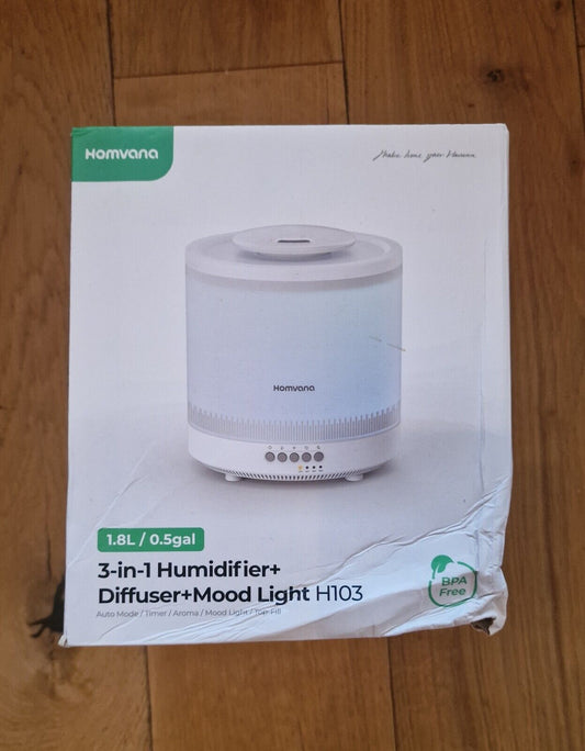 Homvana 3 in 1 humidifier diffuser and mood light in white with 1.8L capacity and BPA-free design