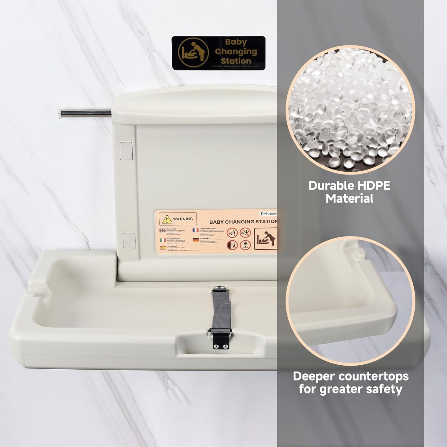Pobamle horizontal baby changing unit made from durable HDPE material with deeper countertops for safety
