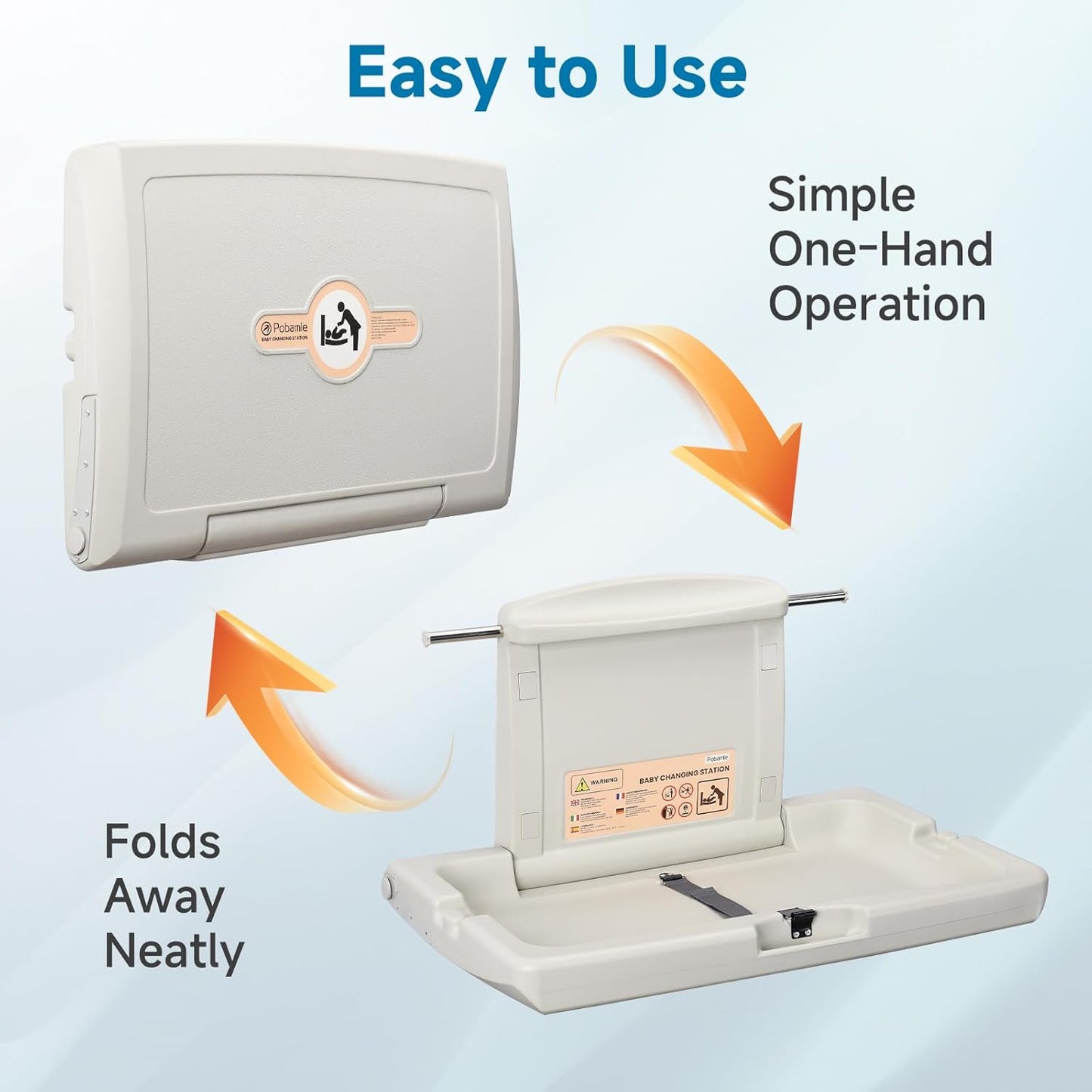 Pobamle horizontal baby changing unit demonstrating easy one-hand operation and neat folding design