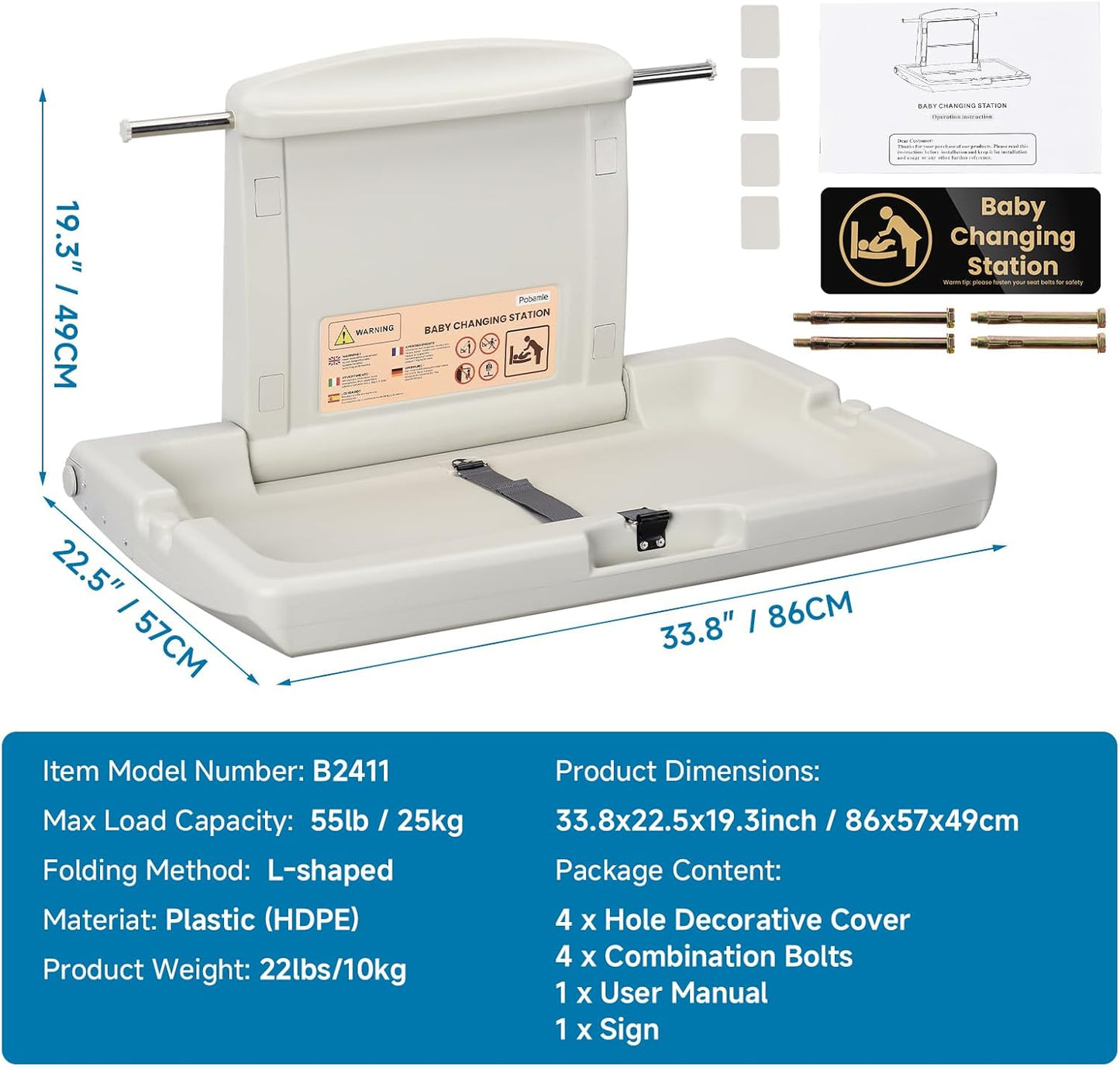 Pobamle horizontal baby changing unit with durable plastic design and spacious surface for easy diaper changes