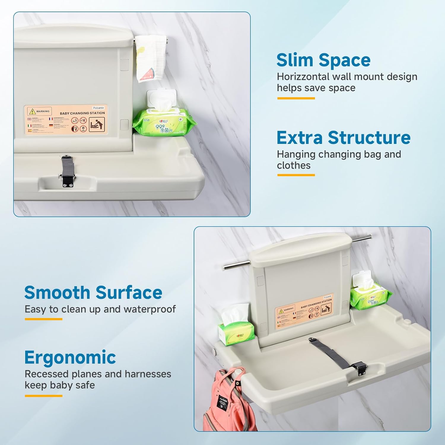Pobamle horizontal baby changing unit with a slim wall mount design and waterproof surface for easy cleaning