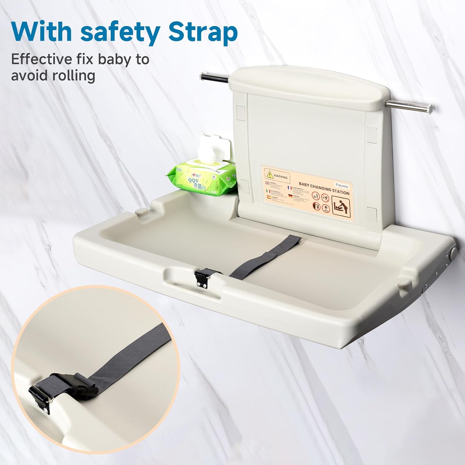 Pobamle horizontal baby changing unit with safety strap and wipe dispenser for secure changing