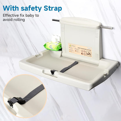 Pobamle horizontal baby changing unit with safety strap and wipe dispenser for secure changing