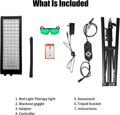 Infrared red light therapy lamp kit with goggles, adapter, controller, and tripod bracket included