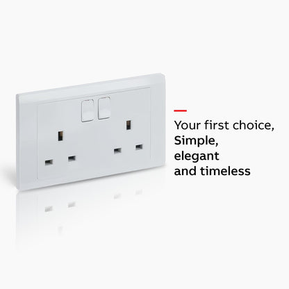 ABB Inora 2 gang switched socket in white, offering a simple and elegant design for home wiring solutions