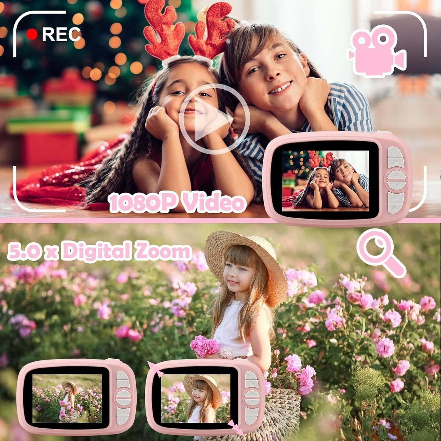 Kids enjoying photography with a pink instant camera for kids featuring 1080P video and 5.0x digital zoom