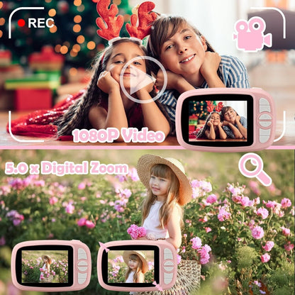 Kids enjoying photography with a pink instant camera for kids featuring 1080P video and 5.0x digital zoom