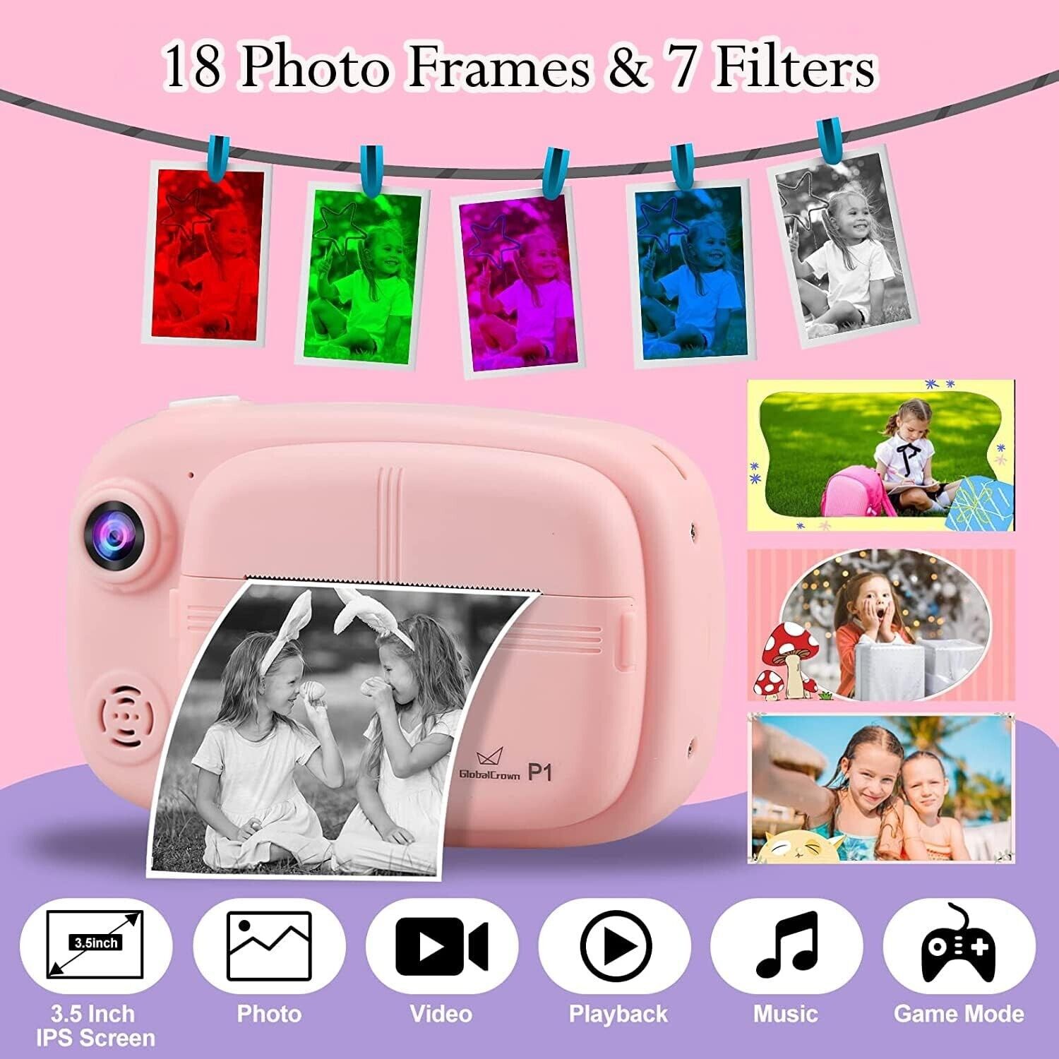 Pink instant camera for kids featuring 18 photo frames and 7 filters on a vibrant display
