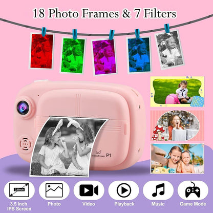 Pink instant camera for kids featuring 18 photo frames and 7 filters on a vibrant display