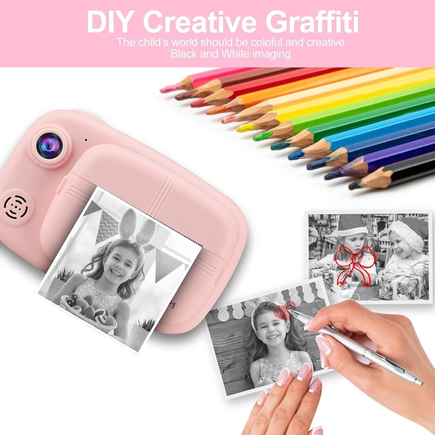 Pink instant camera for kids with black and white photo printing and colouring supplies