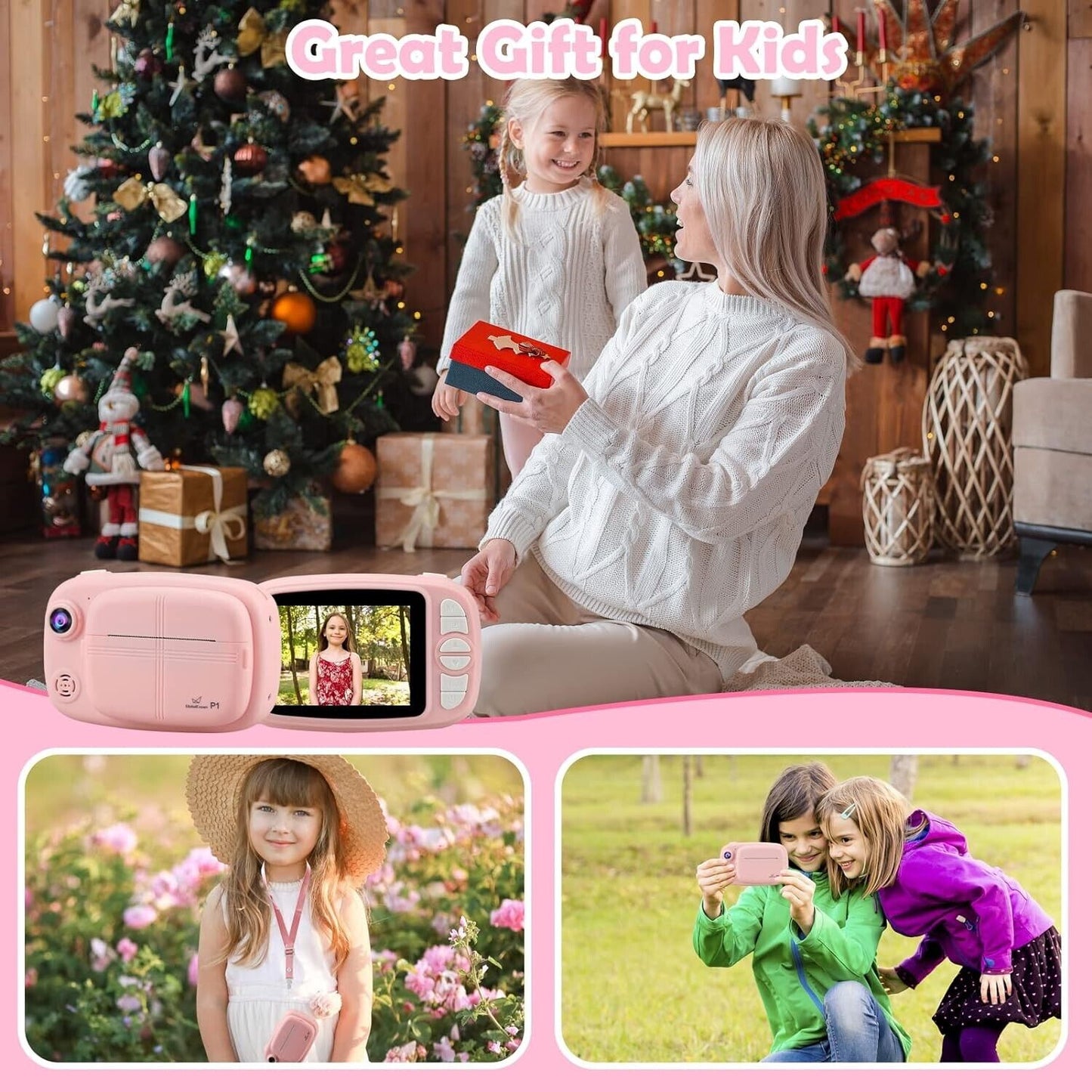 Instant camera for kids displayed with happy children, ideal for capturing memorable moments during festivities