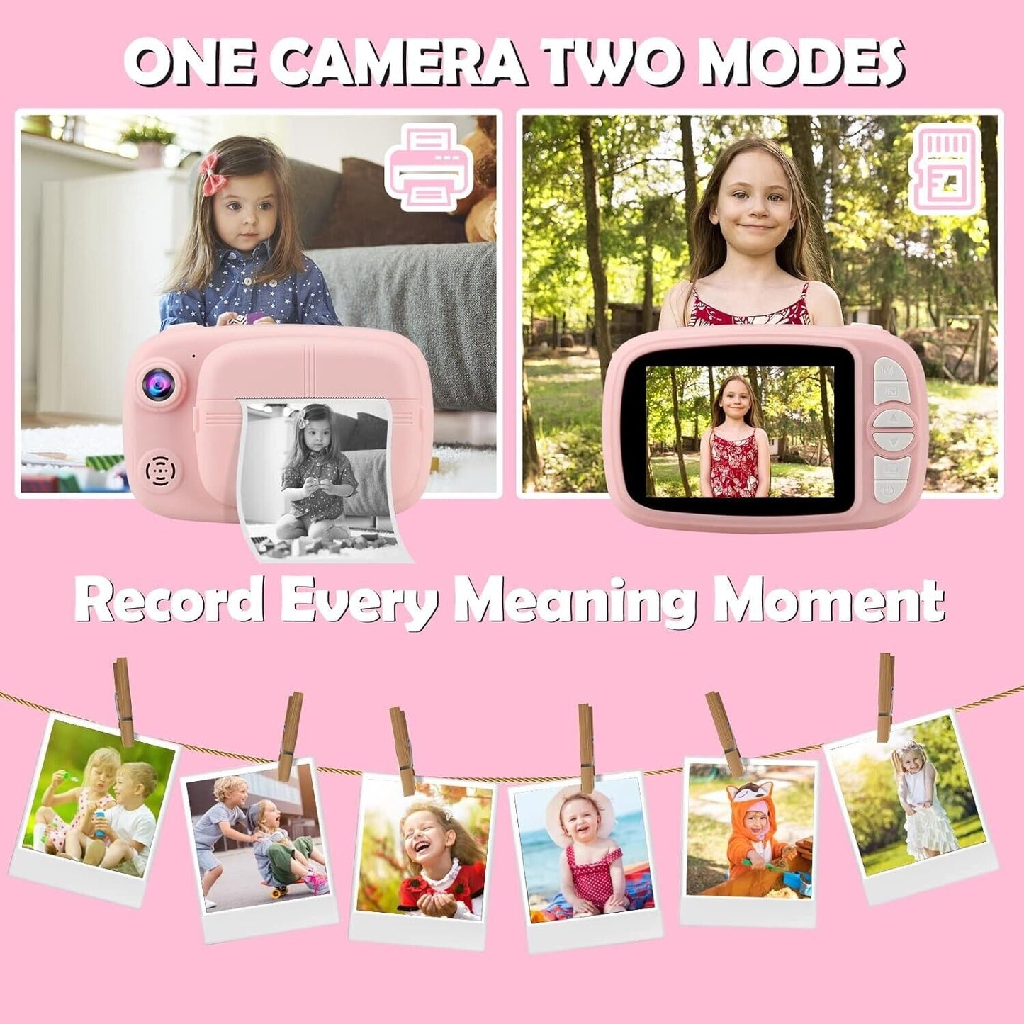 Instant camera for kids featuring two modes to capture fun moments and developing photos instantly