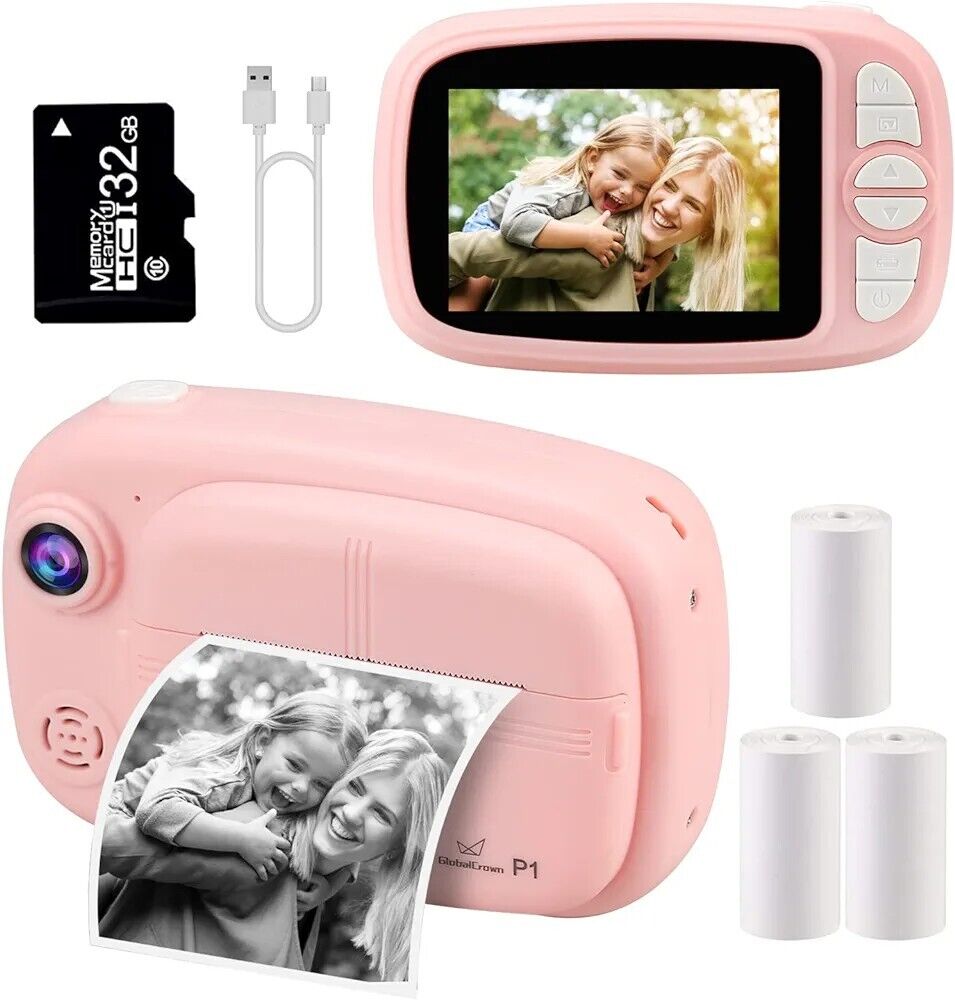 Pink instant camera for kids with photo printing, USB cable, and memory card included
