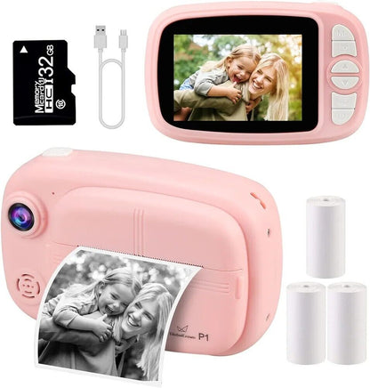 Pink instant camera for kids with photo printing, USB cable, and memory card included