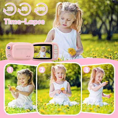Instant camera for kids in pink, capturing a girl playing with flowers in a sunny park