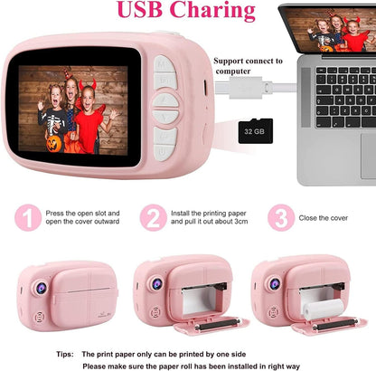 Instant camera for kids in pink with USB charging, showing kids' photos and easy printing instructions
