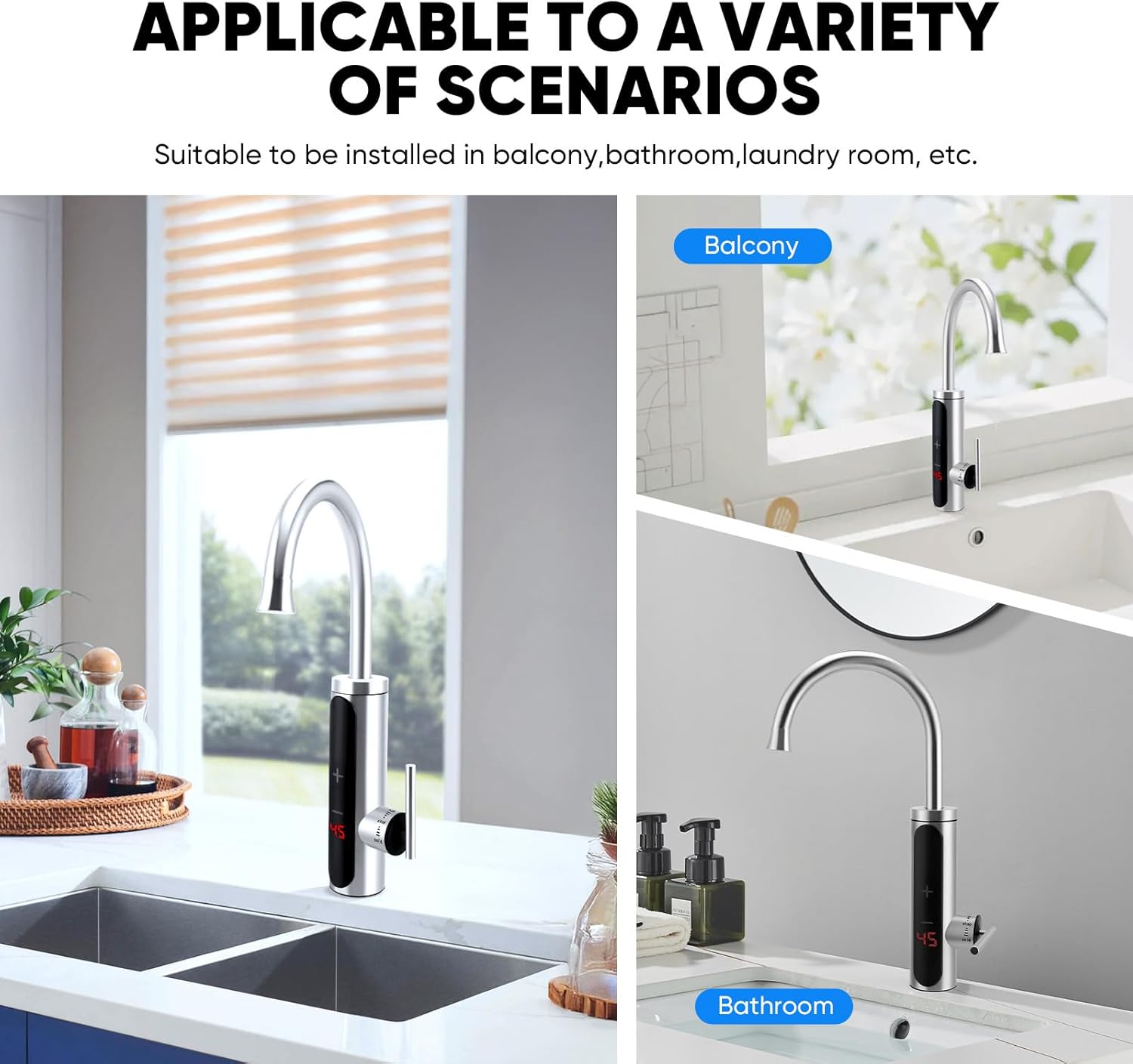 Nastopee instant hot water tap 220V elegantly installed in various kitchen and bathroom settings