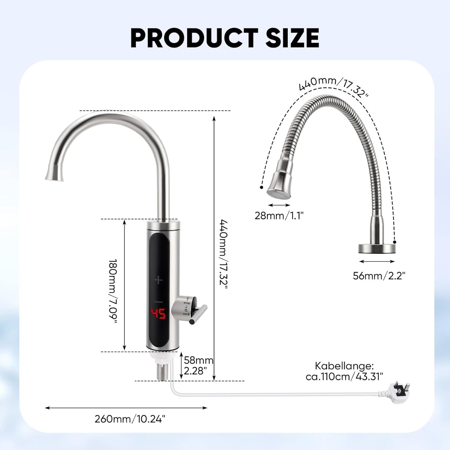 Nastopee instant hot water tap 220V dimensions with sleek design and flexible hose for easy use