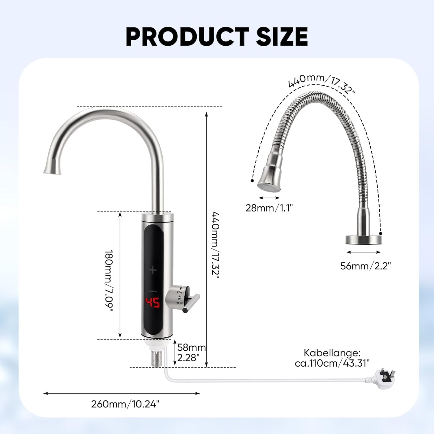 Nastopee instant hot water tap 220V dimensions with sleek design and flexible hose for easy use