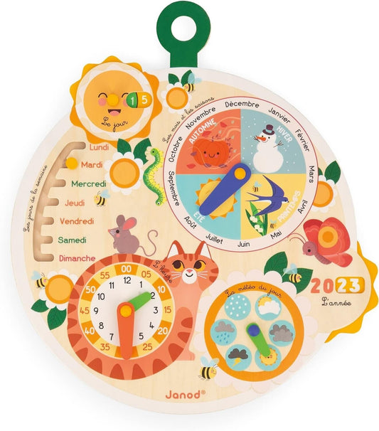 Janod wooden time wheel educational game featuring a vibrant design and interactive elements for learning