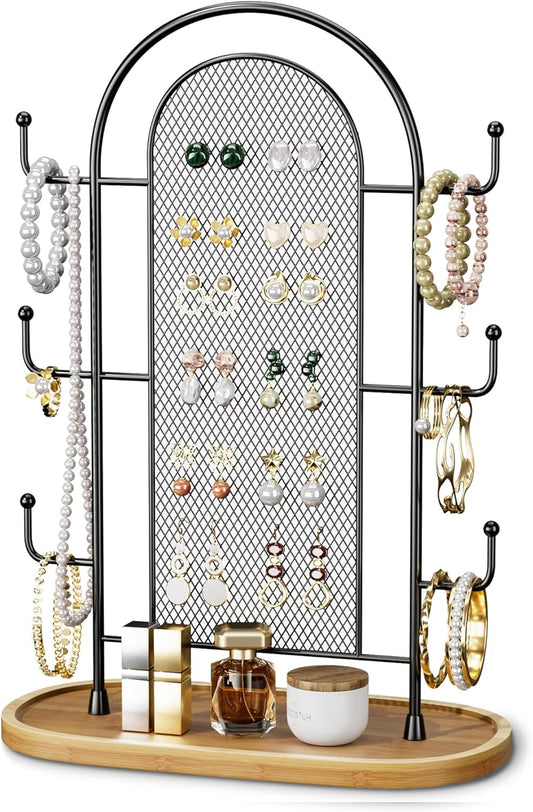Niffgaff jewellery organiser stand with multiple hooks and a tray for storing earrings and bracelets