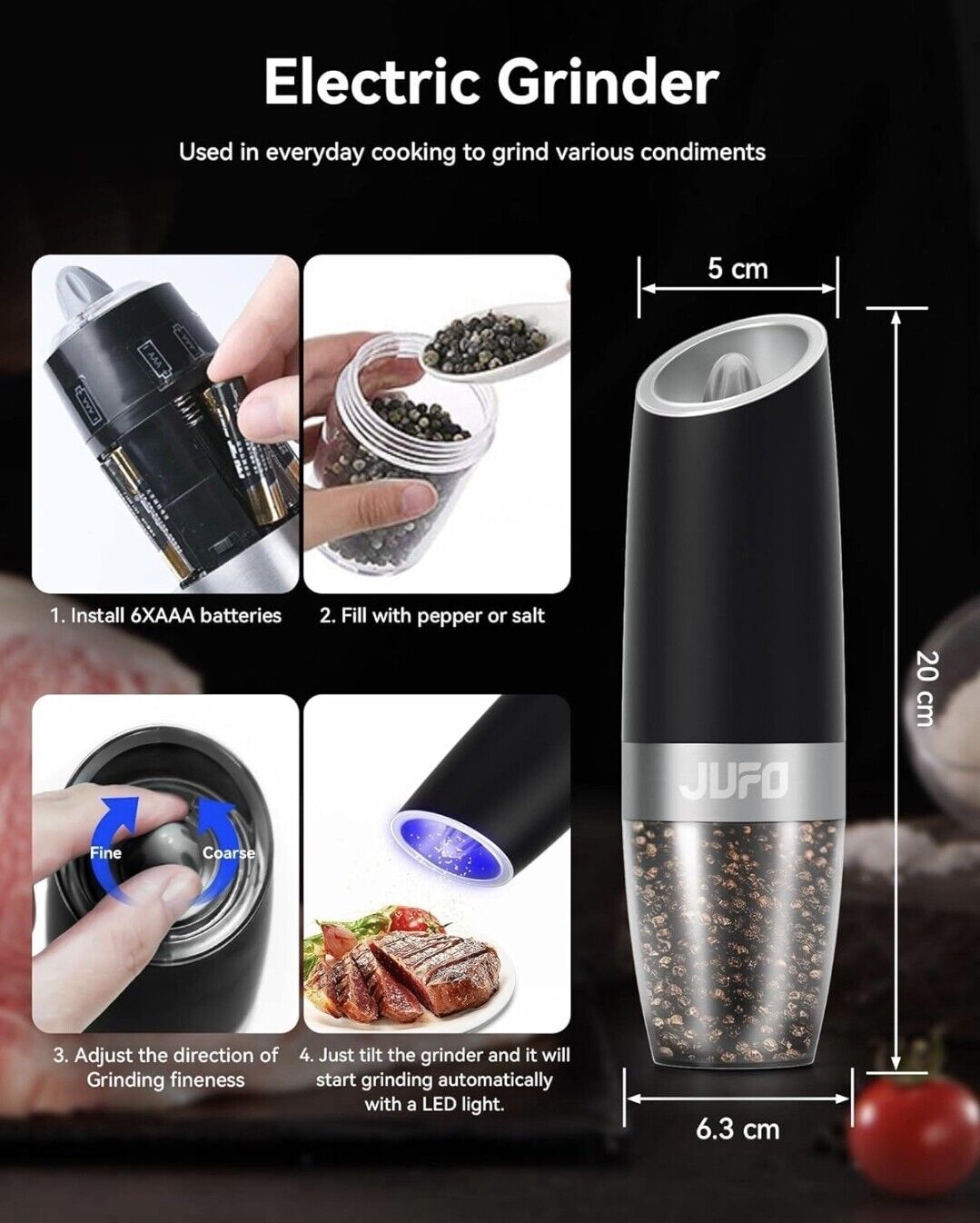 Electric salt and pepper grinder with adjustable settings for fine or coarse grinding